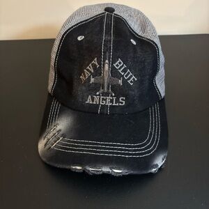 Navy Blue Angels Mesh Back Cap with Embroidered Text Distressed Look
